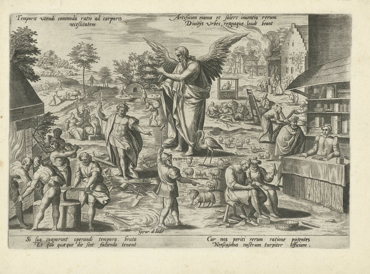 Fader Tid mitt i scener av mänskliga sysselsättningar och aktiviteter Temporis utendi commoda ratio ad corporis neceßitatem (...) (titel på objekt) Moralizing Allegories of Time (serietitel) av Gerard de Jode