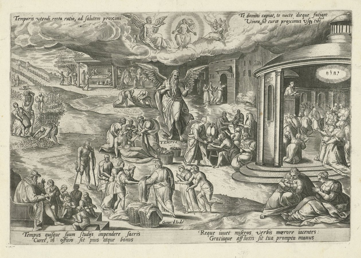 Fader Tid bland scener av barmhärtighetsverk och kristna dygder Temporis utendi recta ratio, ad salutem proximi (...) (titel på objekt) Moralizing Allegories of Time (serietitel) av Gerard de Jode