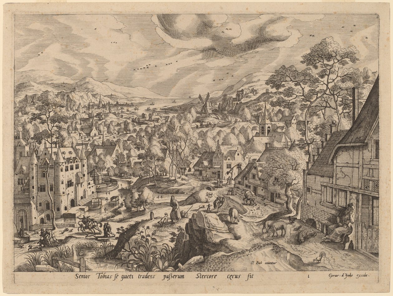 Tobit förblindad av sparven medan han sov av Gerard de Jode after Hans Bol