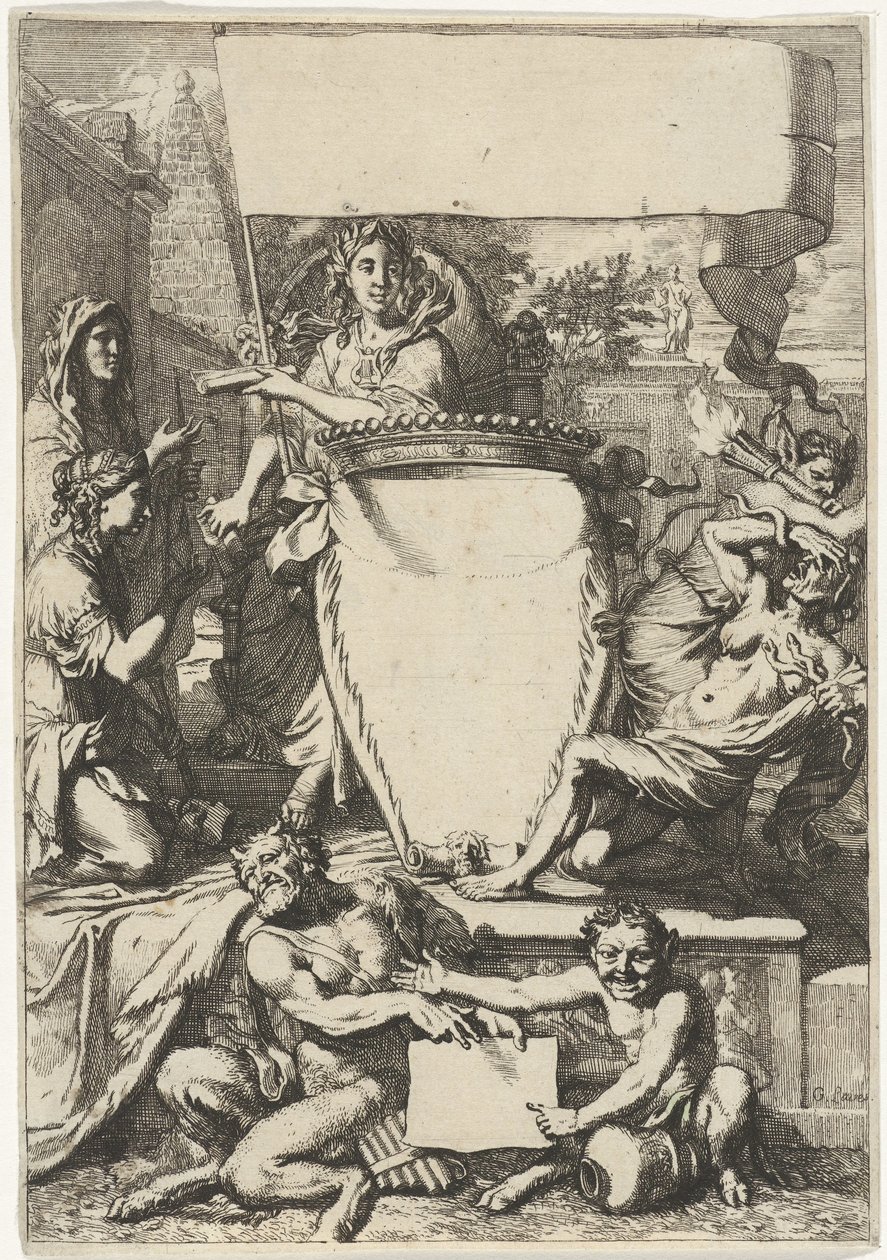 Kartusch omgiven av allegoriska figurer av Gerard de Lairesse