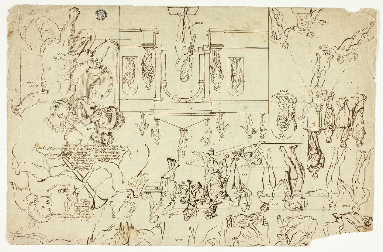 Kopior efter avbildningar av statyer och målningar (recto); Mått för en mans skelett (verso) av Gerard de Lairesse