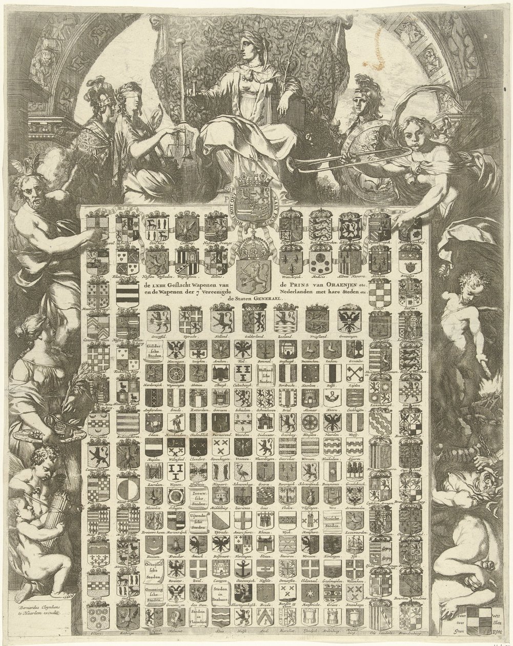 Prins William III:s könsvapen i en allegorisk ram LXIIII Gender Weapons of the Prince of Oraenjen etc. och Weapons of the 7 United Netherlands with its Cities etc. (titel på objektet) av Gerard de Lairesse