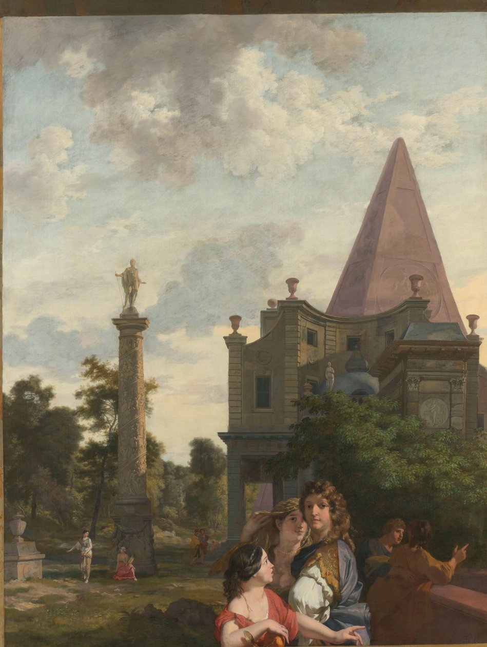 Italienskt landskap med tre kvinnor i förgrunden Dekoration för ett rum i Jacob de Flines hus i Amsterdam (serietitel) av Gerard de Lairesse