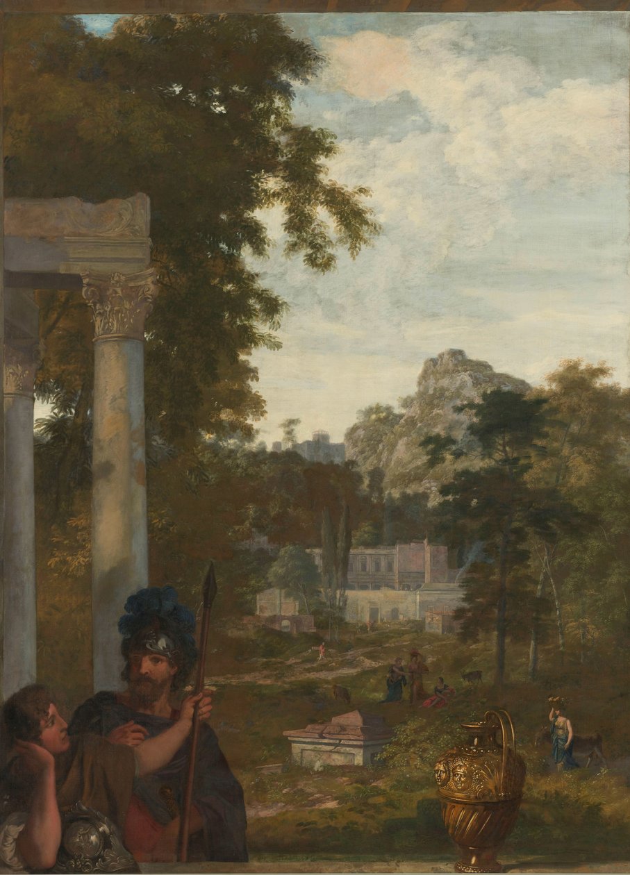 Italienskt landskap med två romerska soldater Dekoration för ett rum i Jacob de Flines hus i Amsterdam (serietitel) av Gerard de Lairesse