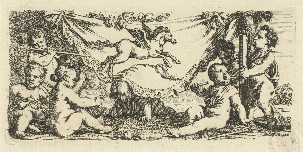 Putti gör musik med Pegasus av Gerard de Lairesse