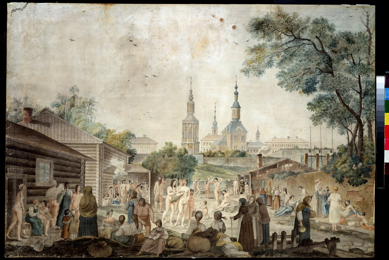 En termisk kur (bastu) i Moskva (Ett kurbad i Moskva). Målning av Gerard de la Barthe (verksam mellan 1787 och 1810). Akvarell på papper, 45,7 x 66,7 cm, ca 1790. Fransk 1700-talskonst. Museum för privata samlingar i A. Pushkin Museum of Fine A av Gerard de la Barthe