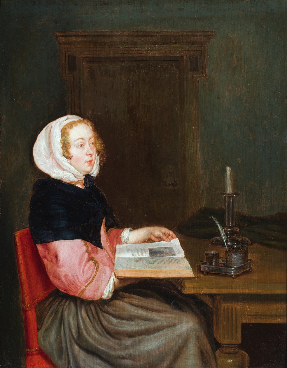 En interiör med en kvinna sittande vid ett bord med en bok i handen (olja på pannå) av Gerard ter (after) Borch or Terborch