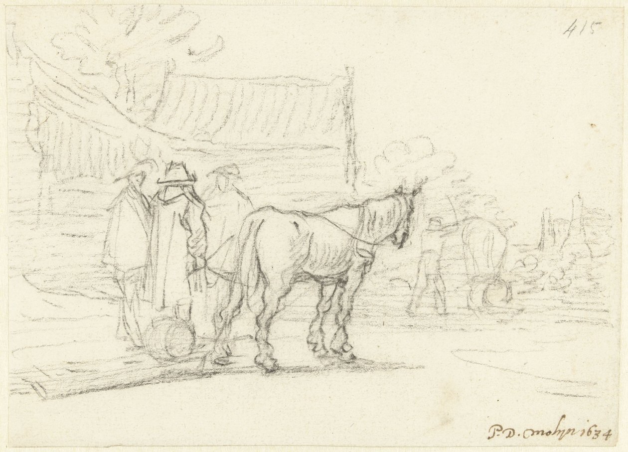 Tre män bredvid en häst och släde av Gerard ter Borch (II)