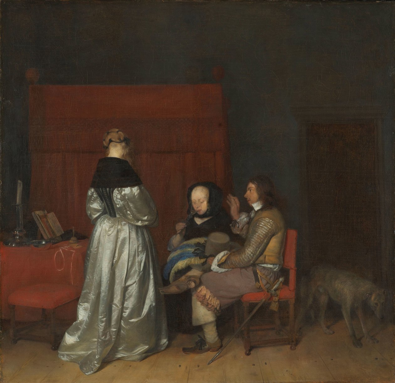 Galant konversation, känd som "The Paternal Admonition" Interiör med tre figurer som samtalar med varandra; känd som "The Fatherly Admonition" av Gerard ter Borch (II)