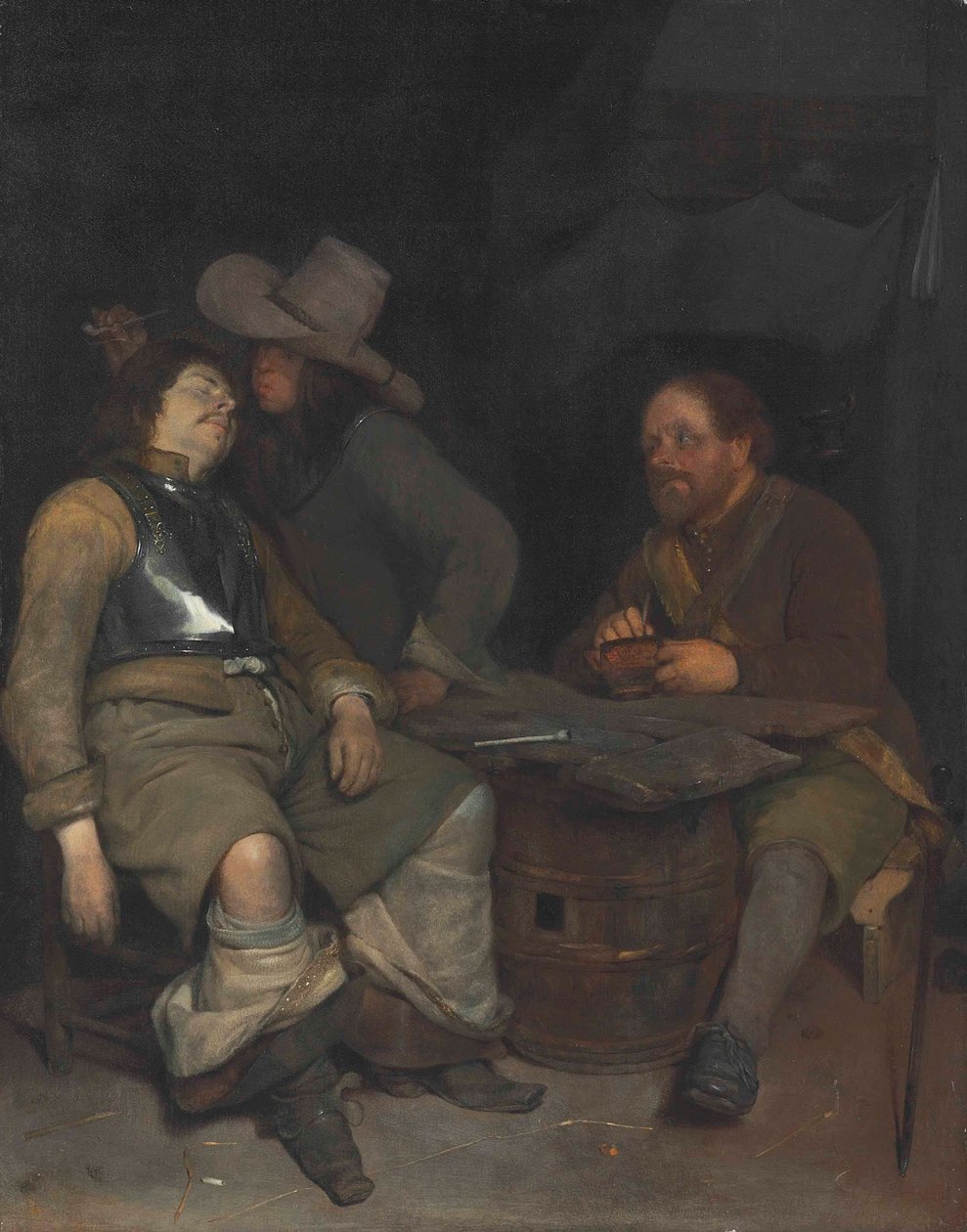 En vaktlokal interiört med en soldat som blåser rök av Gerard ter Borch