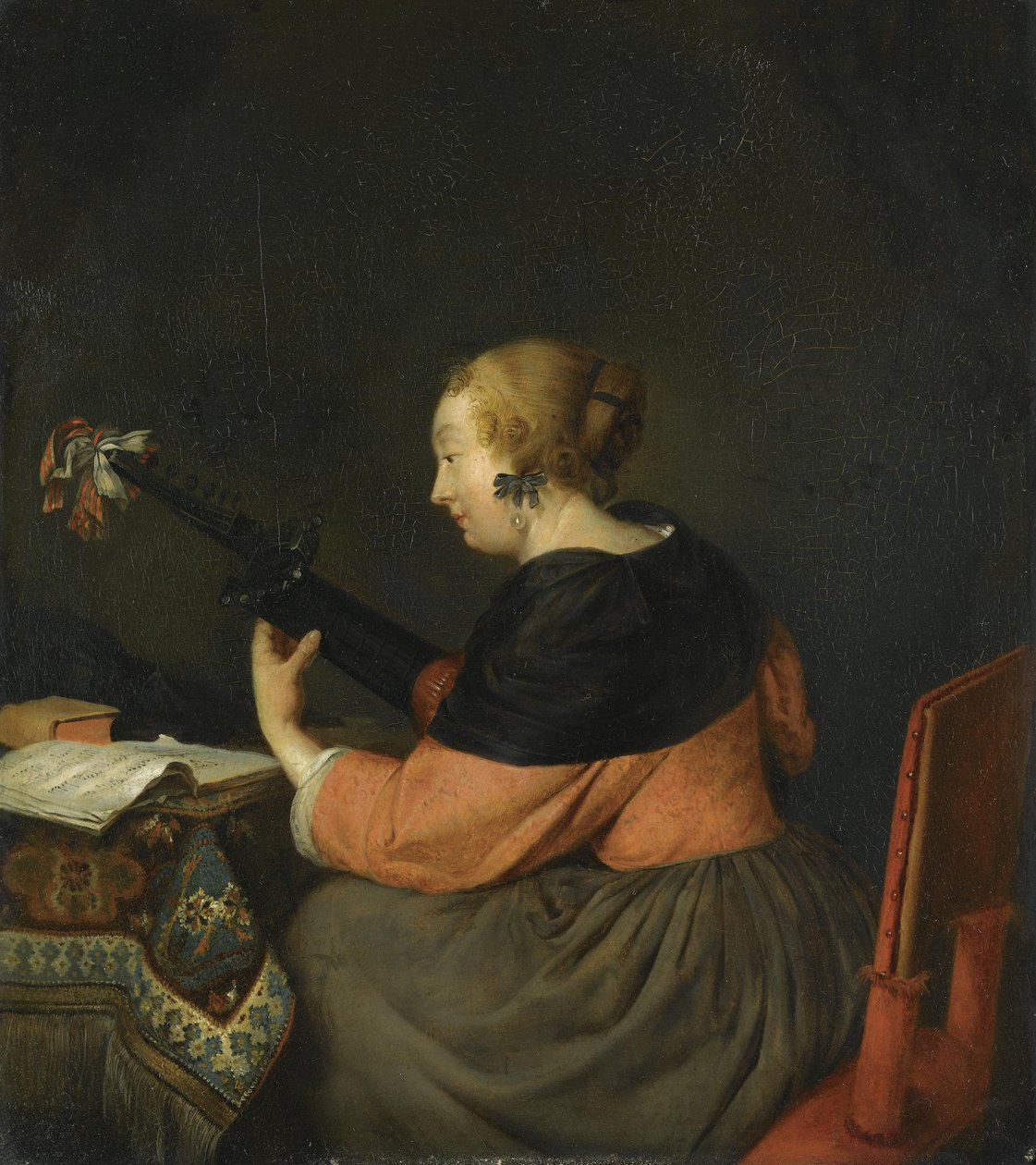 En sittande dam spelar luta av Gerard ter Borch