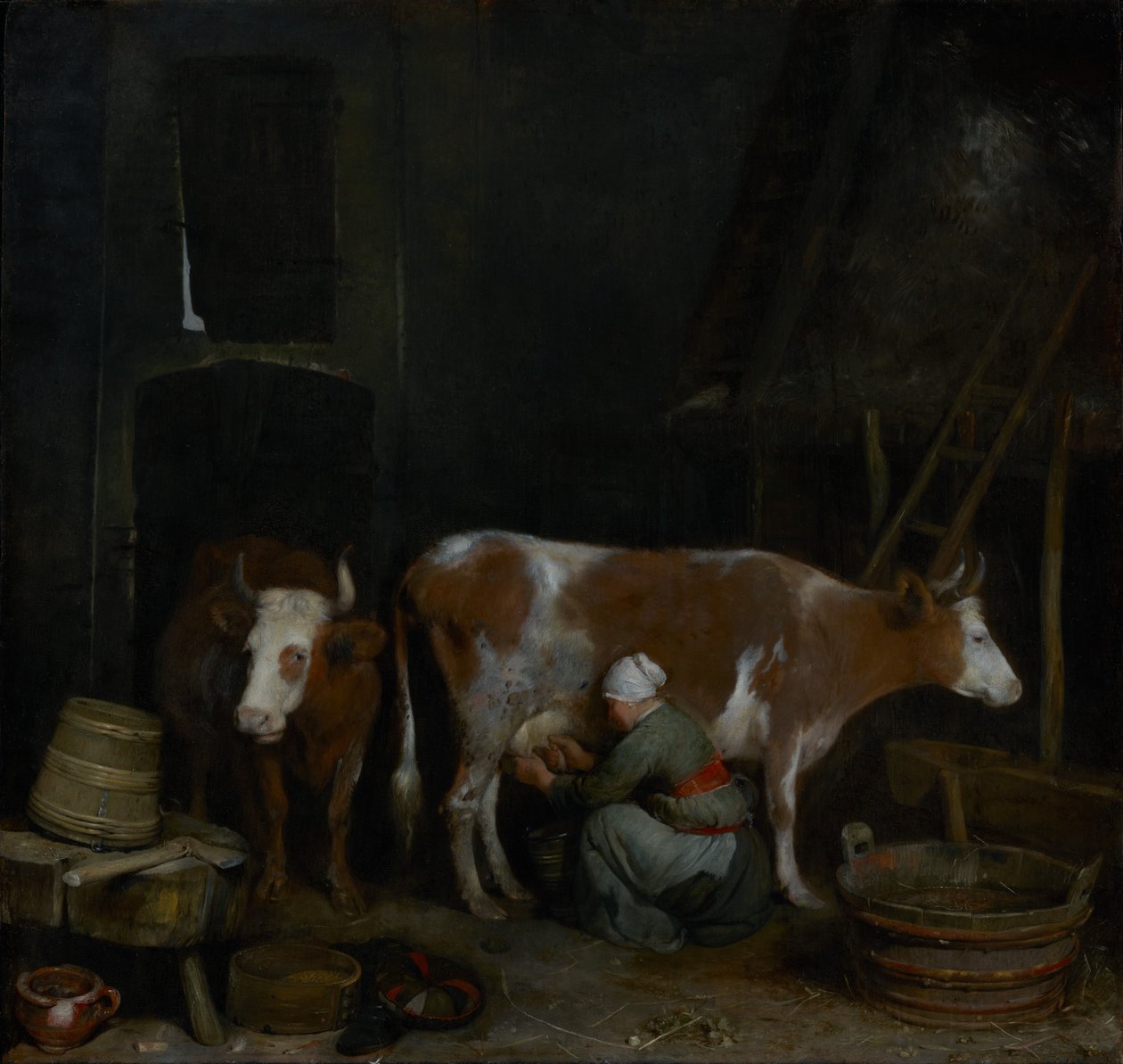 En piga mjölkar en ko i en lada av Gerard ter Borch