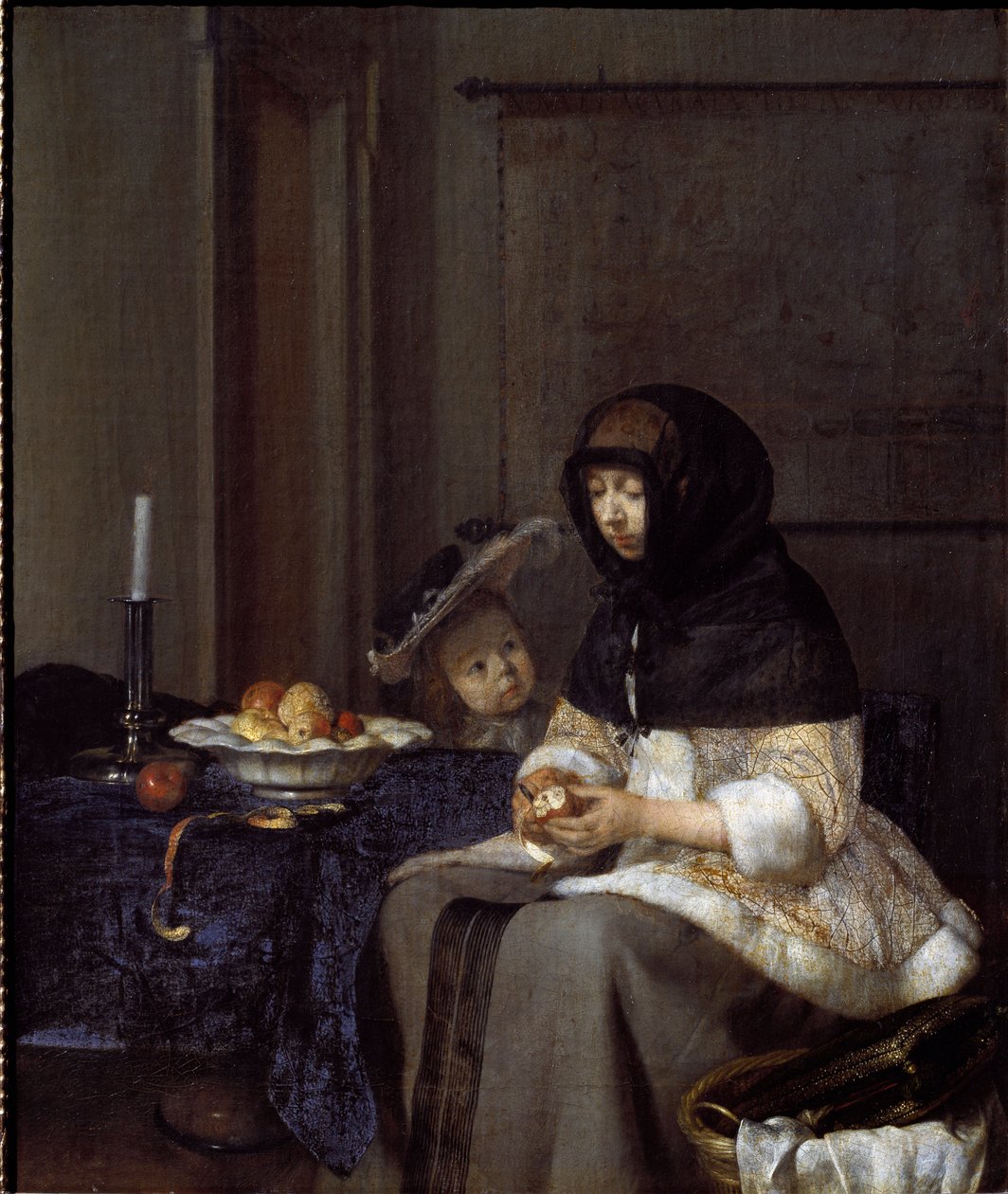 En mamma som skalar ett äpple (olja på duk av Gerard ter Borch