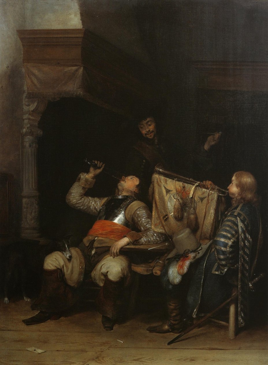 Soldater som dricker, röker och spelar musik i en interiör av Gerard ter Borch