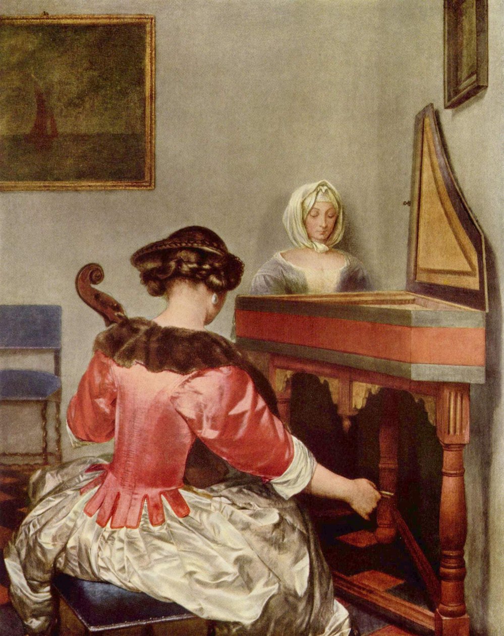 Två kvinnor spelar musik i en interiör av Gerard ter Borch