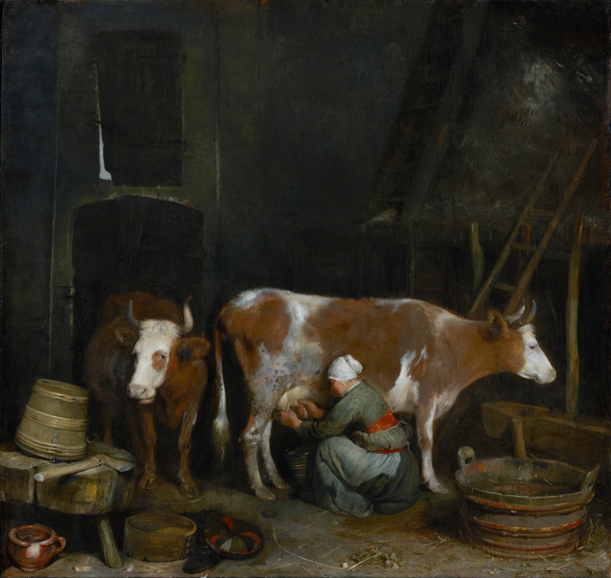 En piga som mjölkar en ko i en lada, ca 1652-54 (olja på panel) av Gerard ter Borch