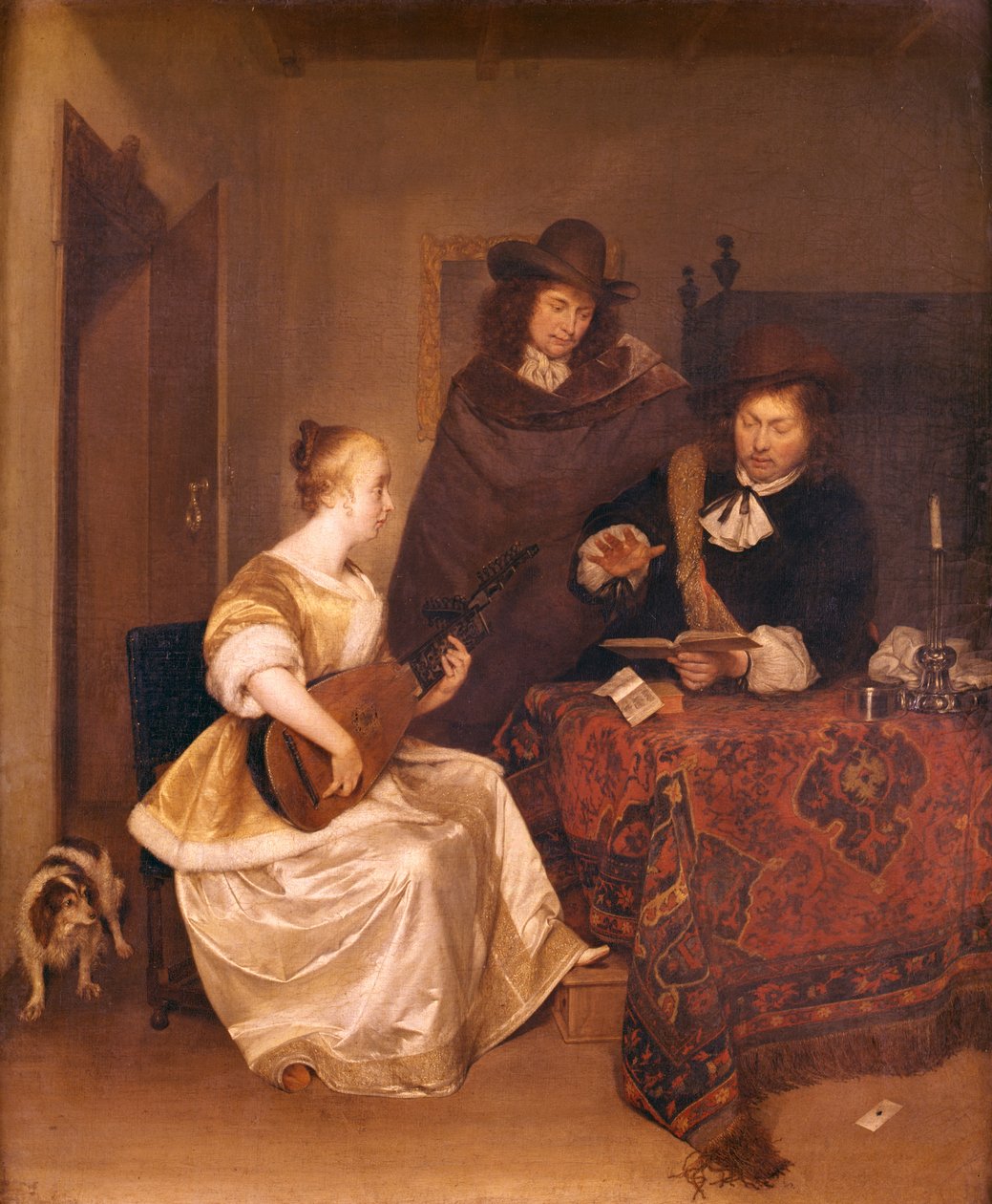 En ung kvinna som spelar en teorbo för två män, 1667-68 av Gerard ter Borch