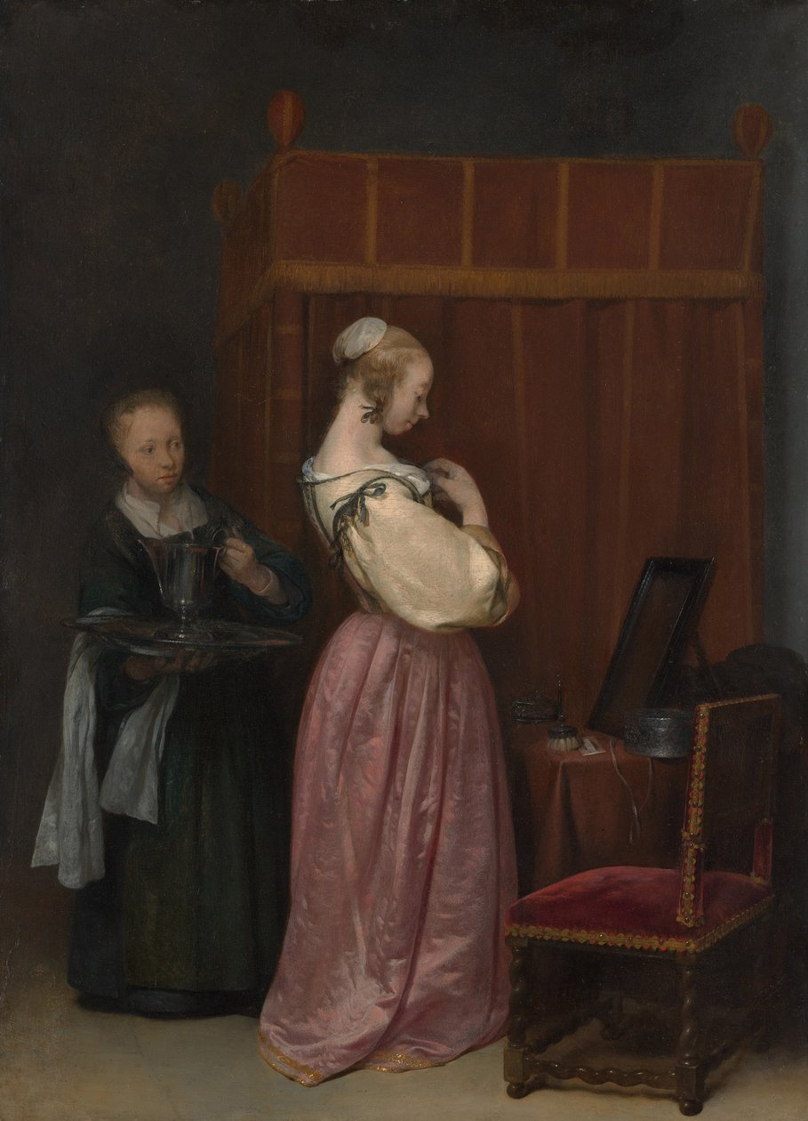 En ung kvinna vid hennes toalett med en piga, ca 1650-51 av Gerard ter Borch