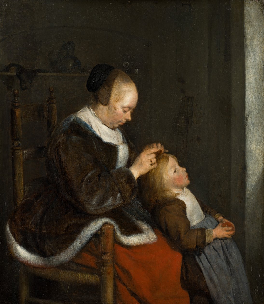 Mamma kammar sitt barns hår, känd som jakt på löss, ca 1652-1653 av Gerard ter Borch