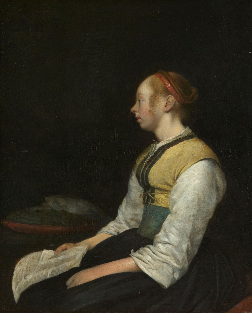 Sittande flicka i bonddräkt, ca. 1650-60 av Gerard ter Borch