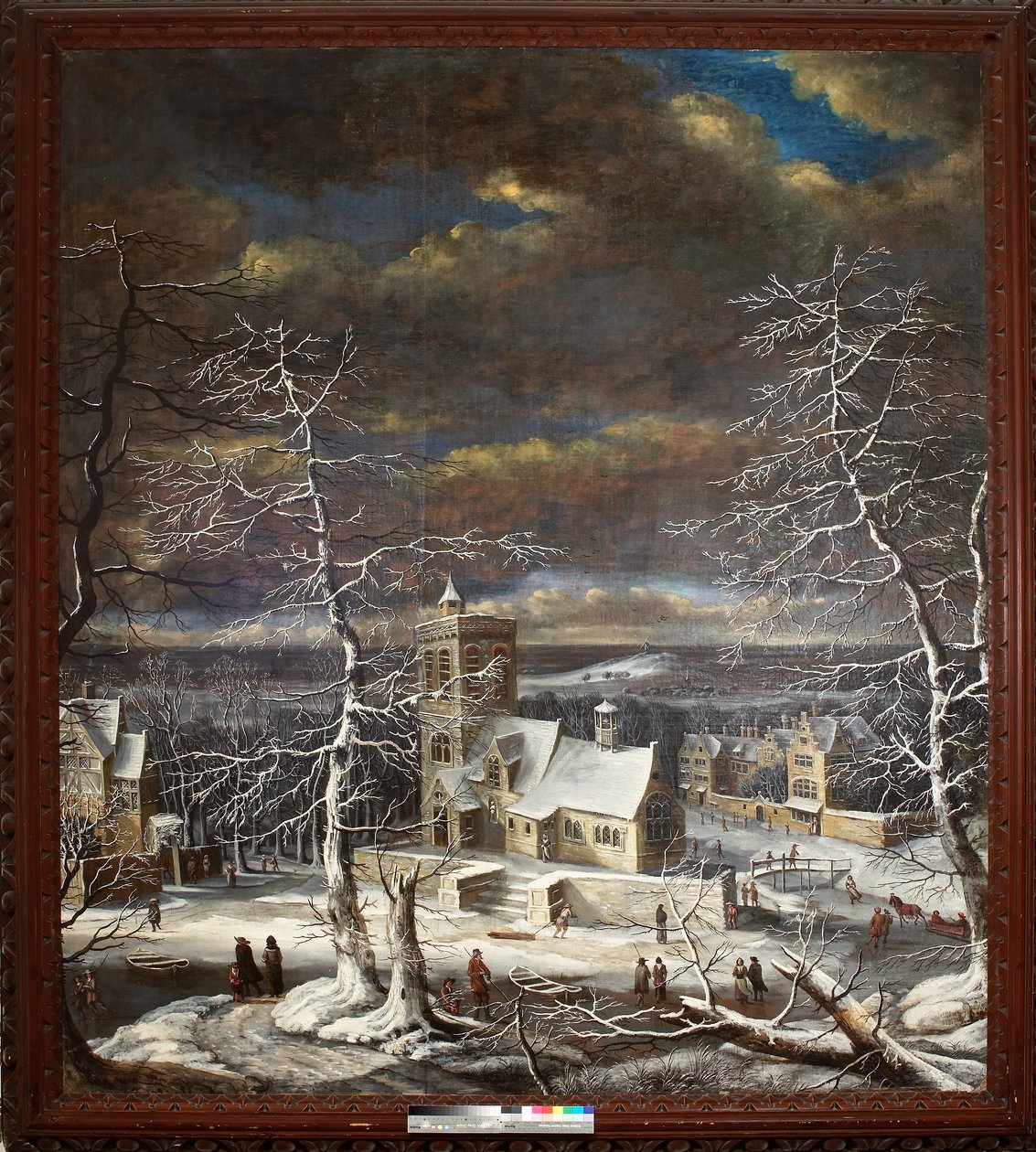 En by på vintern med figurer på isen (olja på duk) av Gerard van Edema