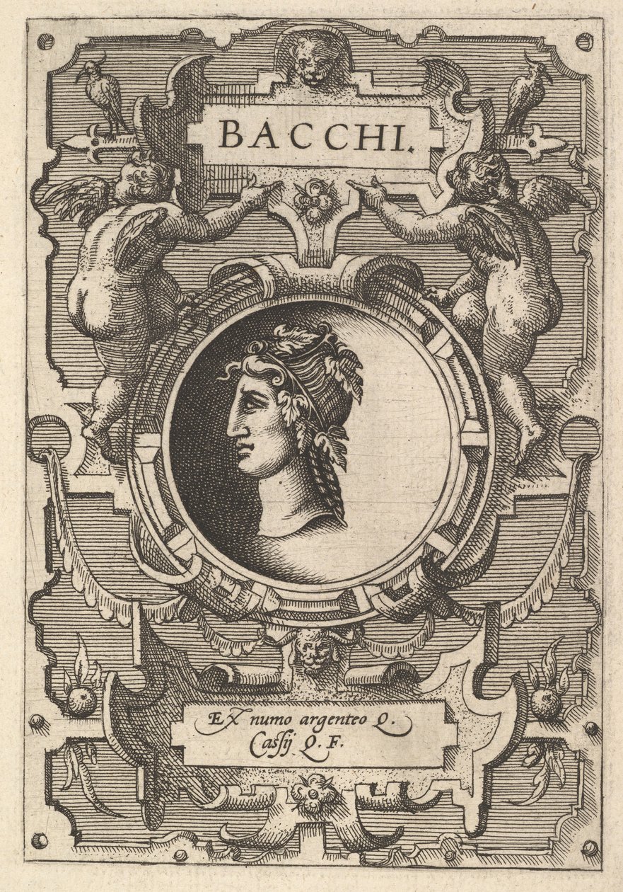 Byst av Bacchus omgiven av remmar, från seriens Deorum dearumque, en uppsättning bilder..., 1573 av Gerard van Groeningen