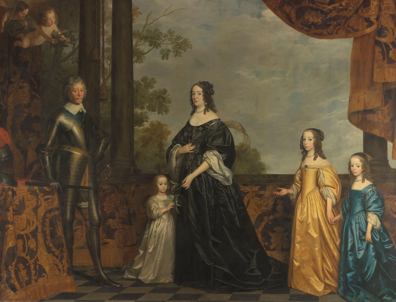 Frederick Henry, hans gemål Amalia av Solms och deras tre yngsta döttrar Porträtt av Frederik Hendrik (1584-1647), Prins av Orange, hans hustru Amalia van Solms (1602-1675) och deras tre yngsta döttrar Albertina Agnes (1634-1696), Henrietta Ca av Gerard van Honthorst