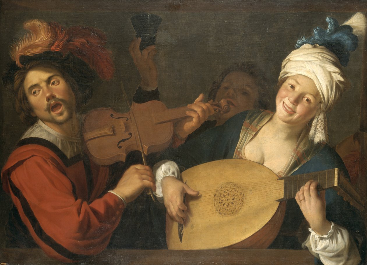 Franska:  Le Concert Par som musicerar bakom en balustrad av Gerard van Honthorst