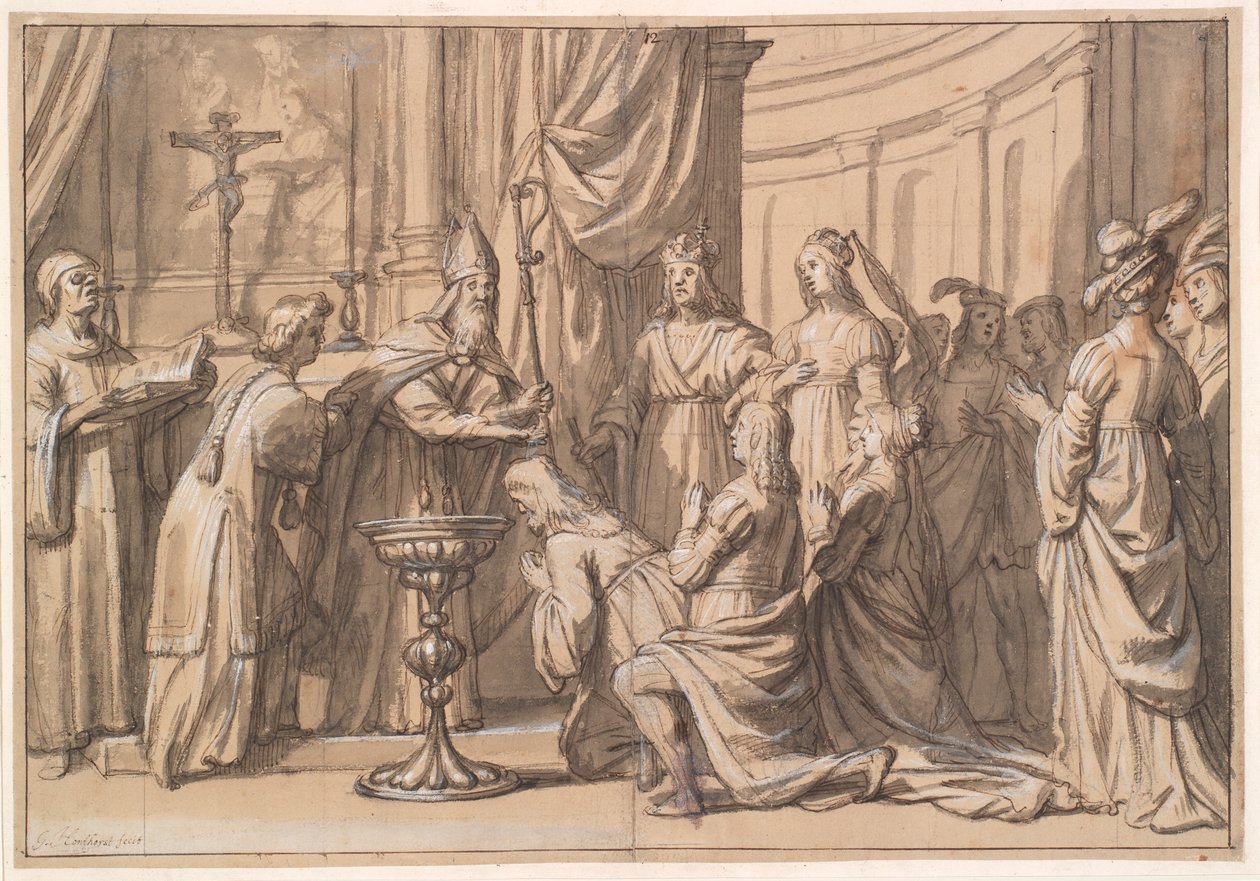 Harold Klak och hans familj är döpta i Mainz av Gerard van Honthorst
