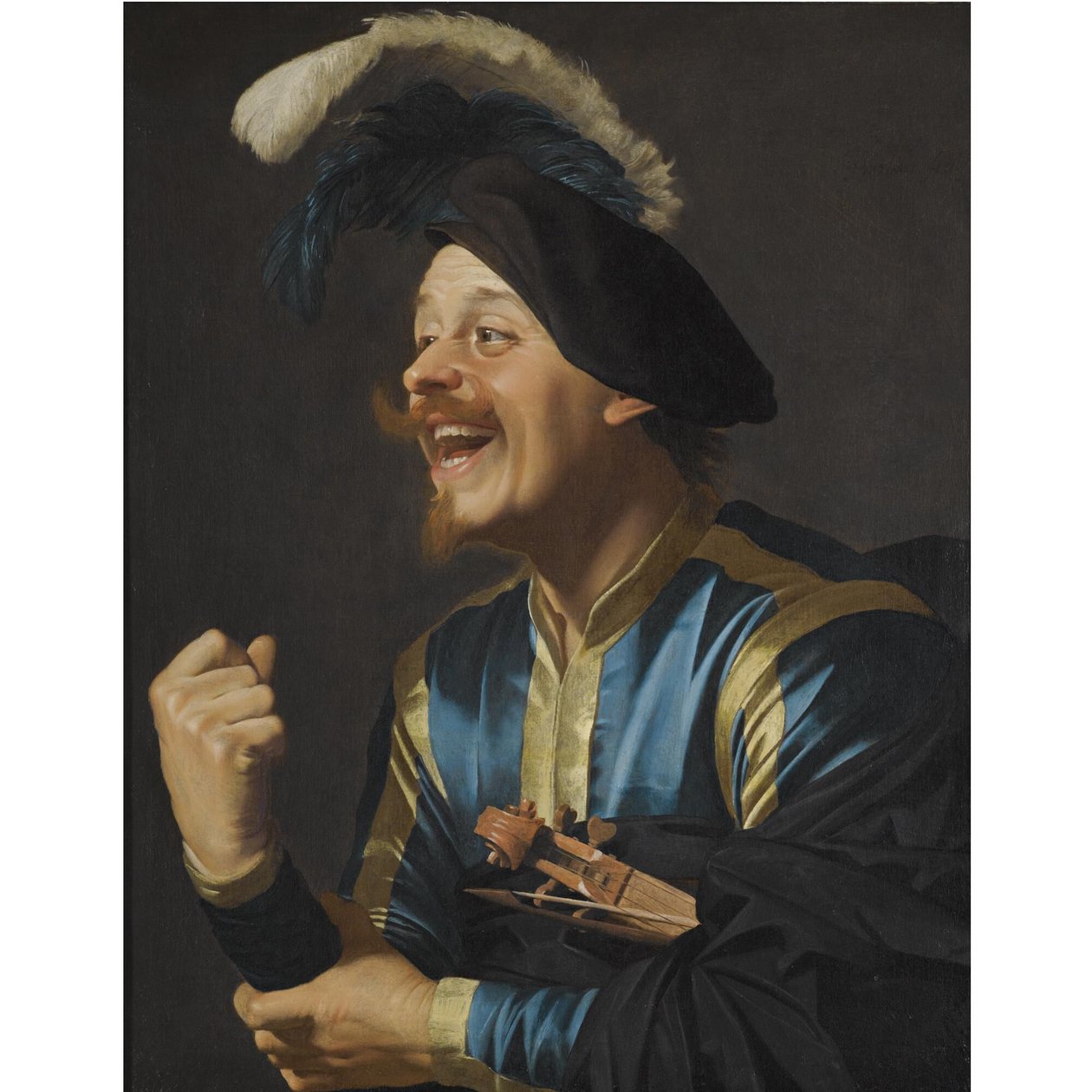 Skrattande musiker med en violin under armen av Gerard van Honthorst