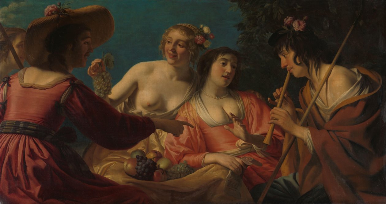 Herde som spelar flöjt och fyra herdinnor Shepherd Playing the Flöjt och fyra nymfer av Gerard van Honthorst