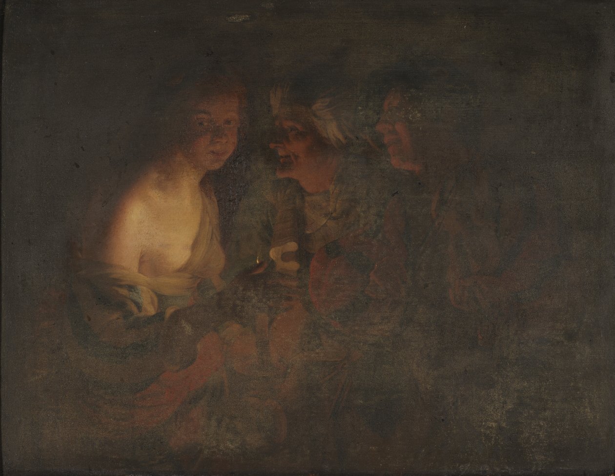 Ung kvinna med en ljusstake, gammal kvinna och en fiolspelare av Gerard van Honthorst