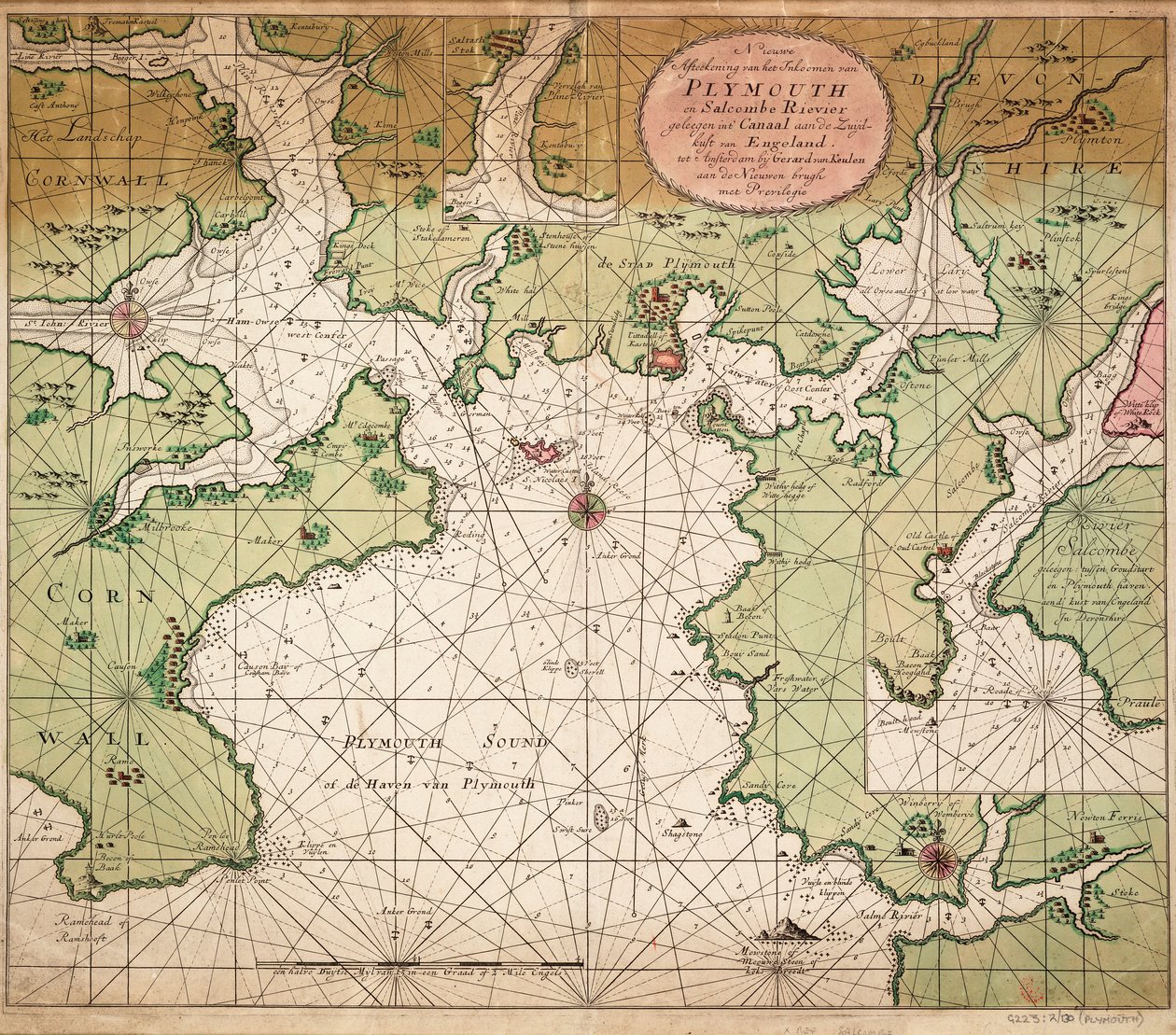 Karta över Plymouth Sound, från Greenville Collins karta över Engelska kanalen från 1693 av Gerard van Keulen