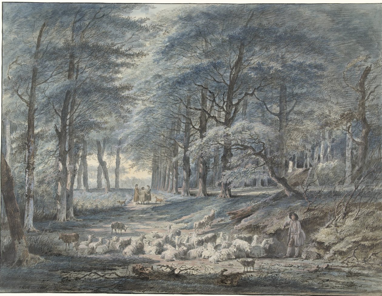 Skogsscen med en herde och får och tre figurer av Gerard van Nijmegen
