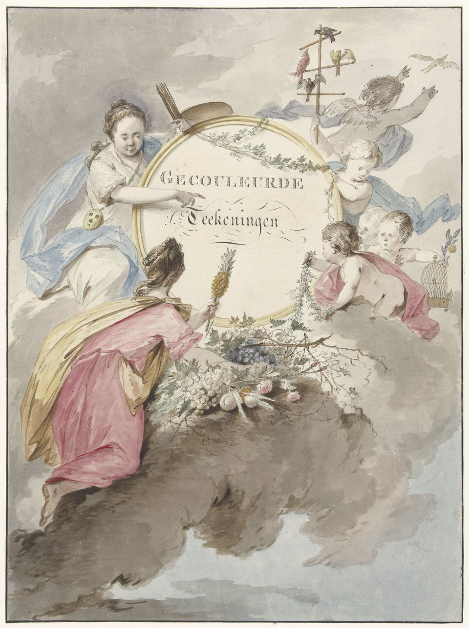Titelsida för konstbok med färgade teckningar (titel på objekt) av Gerard van Nijmegen