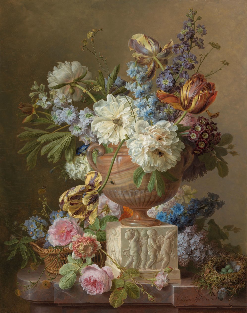 Blomsterstilleben med en alabastervas av Gerard van Spaendonck (signed by artist)