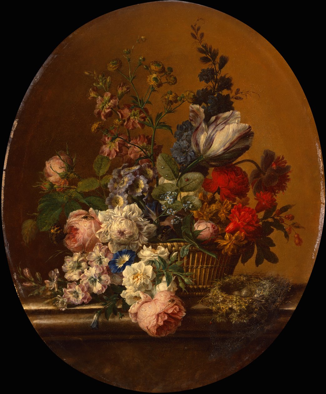 Stilleben av blommor i en korg med ett Dunnock