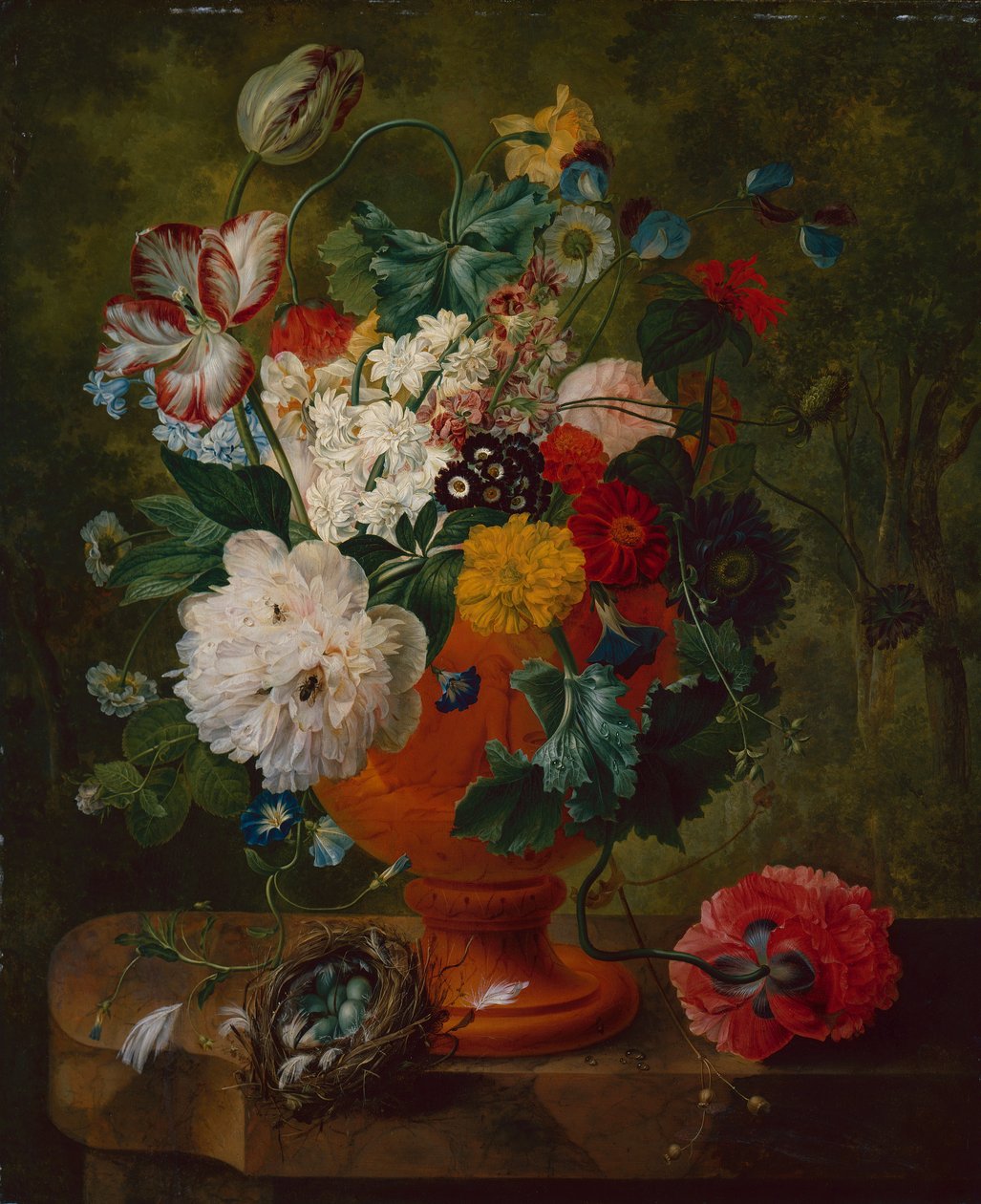 Sommarblommor i en urna med ett fågelbo på en marmoravsats (olja på duk) av Gerard van Spaendonck