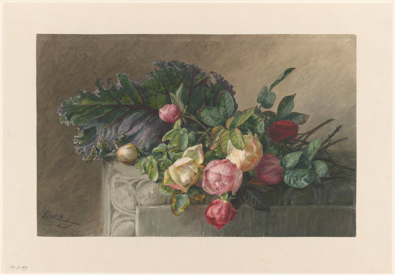 Stilleben med rosor och kålblad av Gerardina Jacoba van de Sande Bakhuyzen