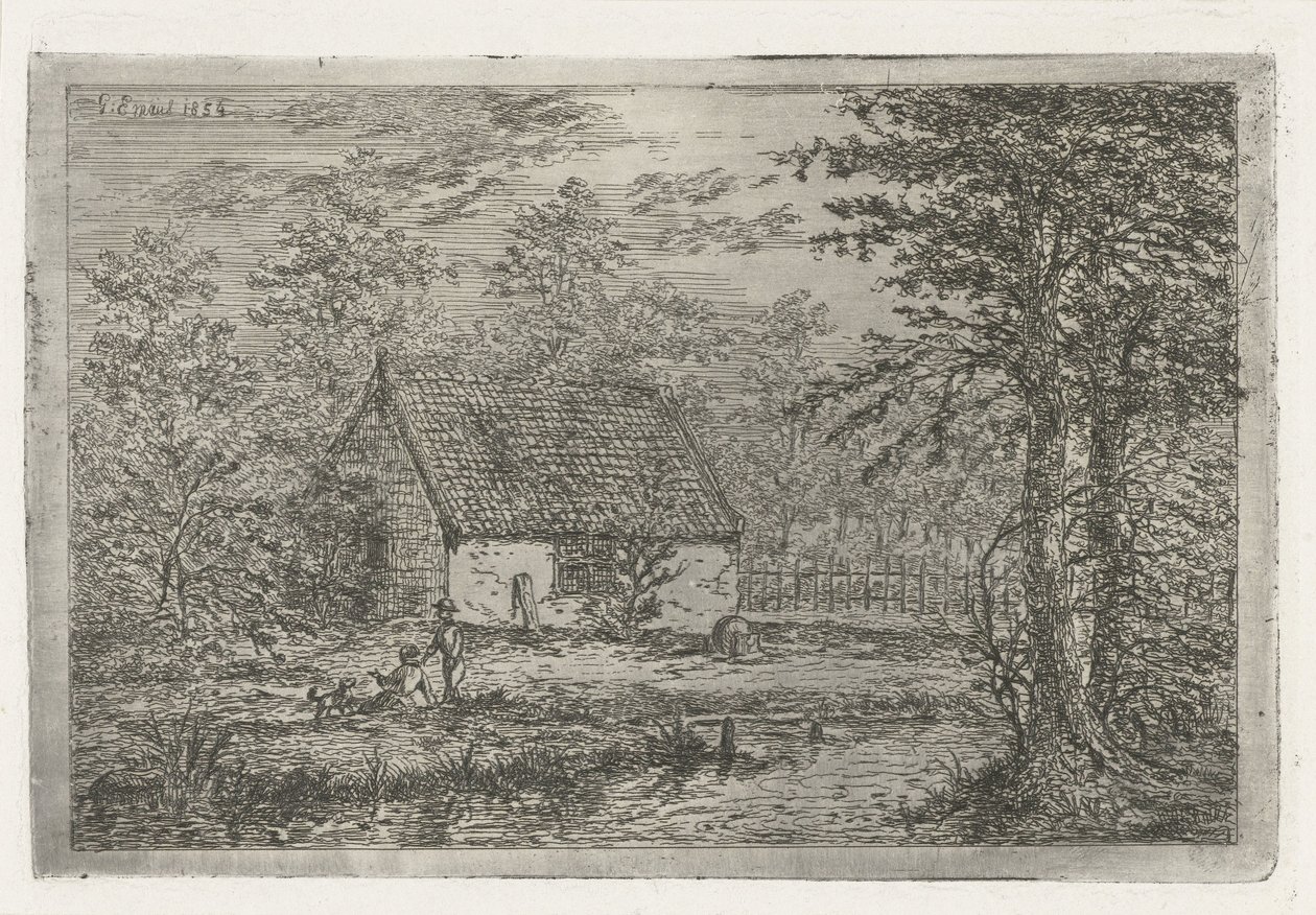 Par med hund i ladan Skogsmästarens lada i Haag av Gerardus Emaus de Micault