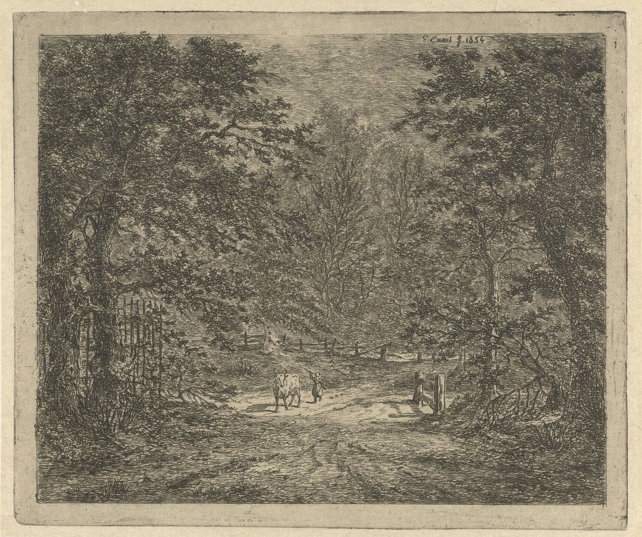 Herdinna med ko i skogen Kon i Bentheimskogen av Gerardus Emaus de Micault