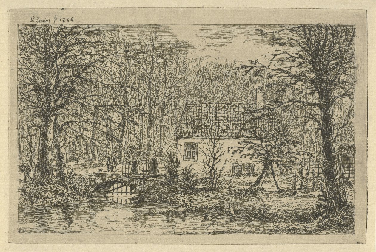 Hus med bro över dike Jägarens hus i Haagsche Bosch av Gerardus Emaus de Micault