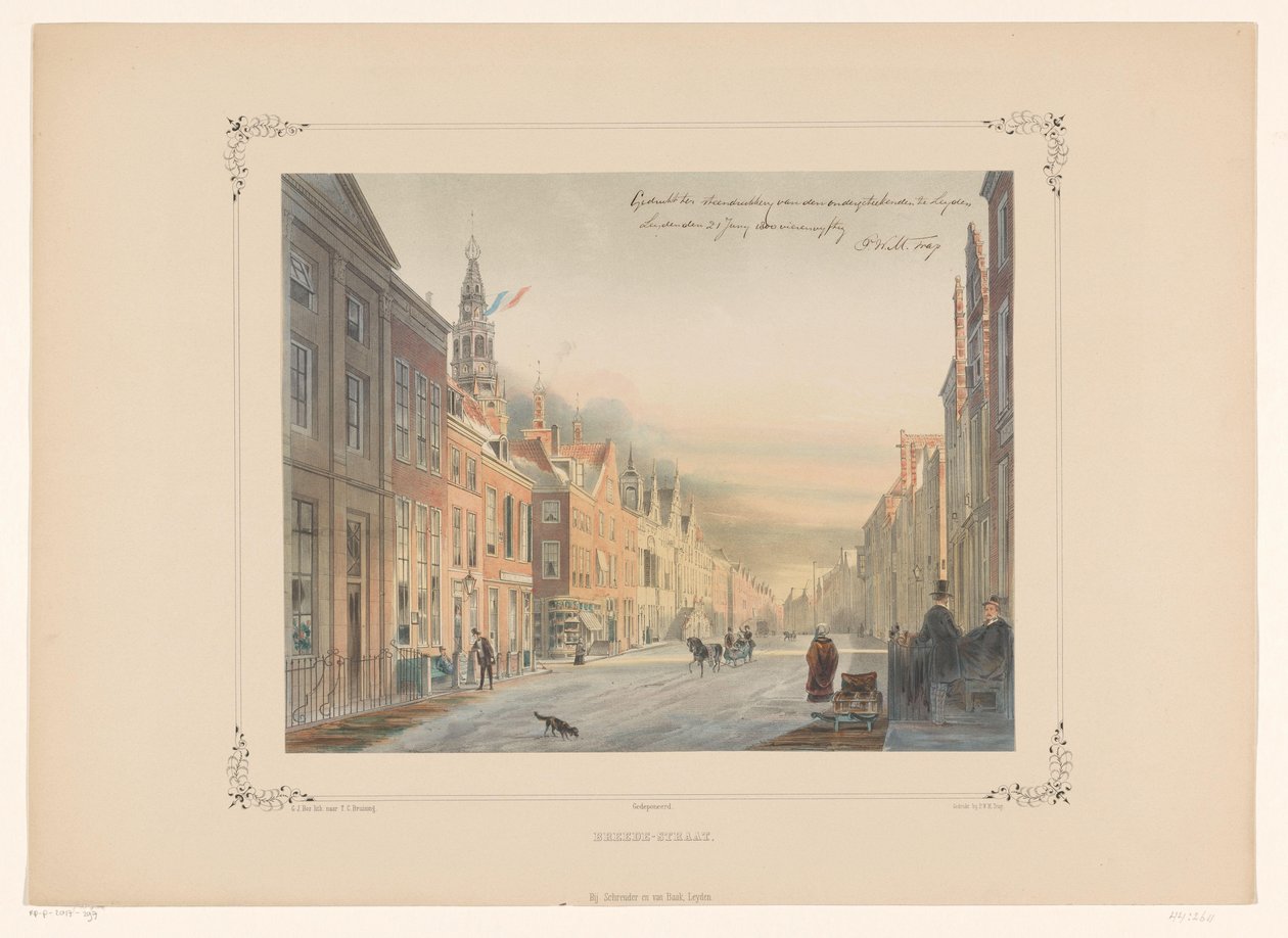 Utsikt över Breestraat i Leiden Breedestraat (titel på objekt) av Gerardus Johannes Bos