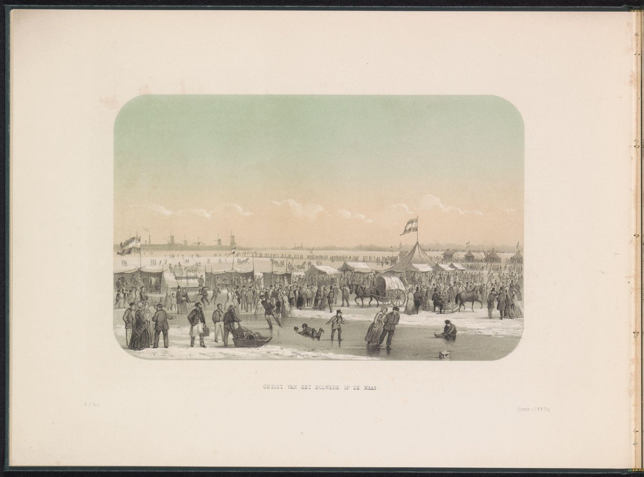 Isunderhållning på Maas i Rotterdam, sett från fästet, 1855 Utsikt över fästet på Maas (titel på objekt) Isunderhållningen på Maas i Rotterdam i februari 1855, med bildtexter (serietitel på objekt) av Gerardus Johannes Bos