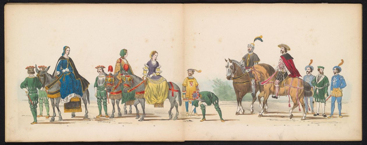Masquerade of the Leiden Students, 1855 (skylt 10) Klädd procession som hölls av medlemmarna i Leidens studentkår den 12 juni 1855, för att fira 280-årsjubileet av Leidsche Hoogeschool, som skildrar Karl V:s inträde i av Gerardus Johannes Bos