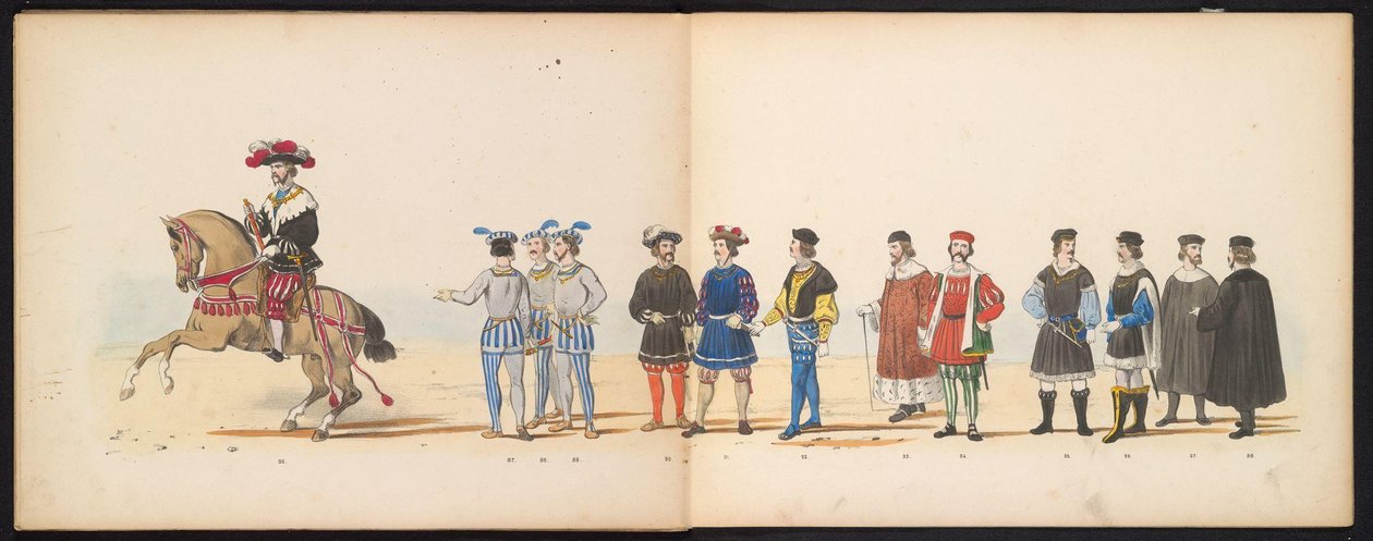 Masquerade of the Leiden Students, 1855 (skylt 11) Klädd procession som hölls av medlemmarna i Leidens studentkår den 12 juni 1855, för att fira 280-årsjubileet av Leidsche Hoogeschool, som skildrar Karl V:s inträde i av Gerardus Johannes Bos