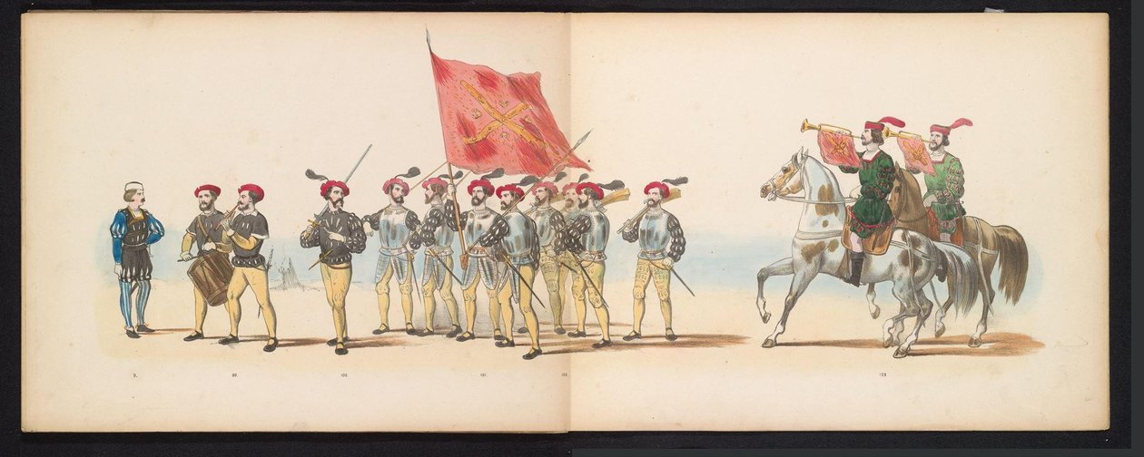 Masquerade of the Leiden Students, 1855 (skylt 12) Klädd procession som hölls av medlemmarna i Leidens studentkår den 12 juni 1855, för att fira 280-årsjubileet av Leidsche Hoogeschool, föreställande Karel V bins inträde av Gerardus Johannes Bos