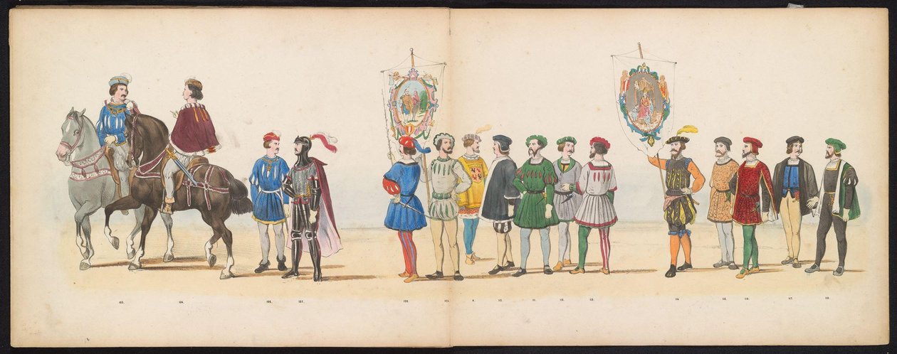 Masquerade of the Leiden Students, 1855 (skylt 13) Klädd procession som hölls av medlemmarna i Leidens studentkår den 12 juni 1855, för att fira 280-årsjubileet av Leidsche Hoogeschool, som skildrar Karl V:s inträde i av Gerardus Johannes Bos