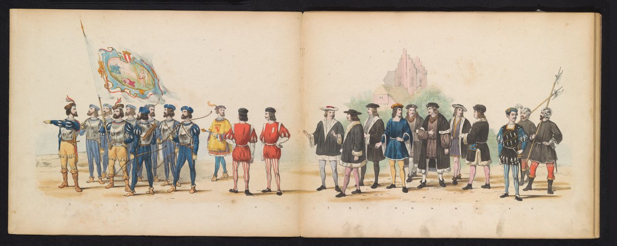 Masquerade of the Leiden Students, 1855 (skylt 2) Klädd procession som hölls av medlemmarna i Leidens studentkår den 12 juni 1855, för att fira 280-årsjubileet av Leidsche Hoogeschool, som skildrar Karl V:s inträde i av Gerardus Johannes Bos