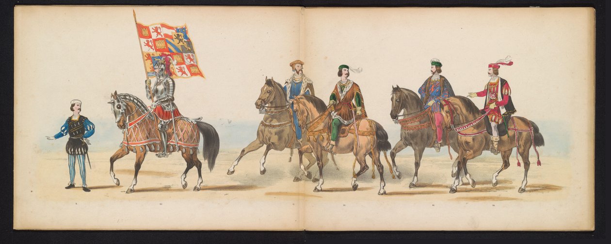 Masquerade of the Leiden Students, 1855 (skylt 7) Klädd procession som hölls av medlemmarna i Leidens studentkår den 12 juni 1855, för att fira 280-årsjubileet av Leidsche Hoogeschool, som skildrar Karl V:s inträde i av Gerardus Johannes Bos